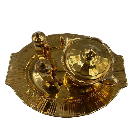 Vintage 22 Karat Gold Serving Tray Lid Dish Salt Pepper Shakers GLAM MidCentury - Picture 2 of 14